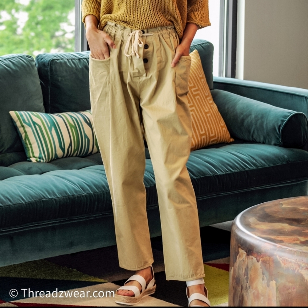 PO Sale OnL Last Pair Small, Boho khaki drawstring pants pockets - Picture 4 of 5